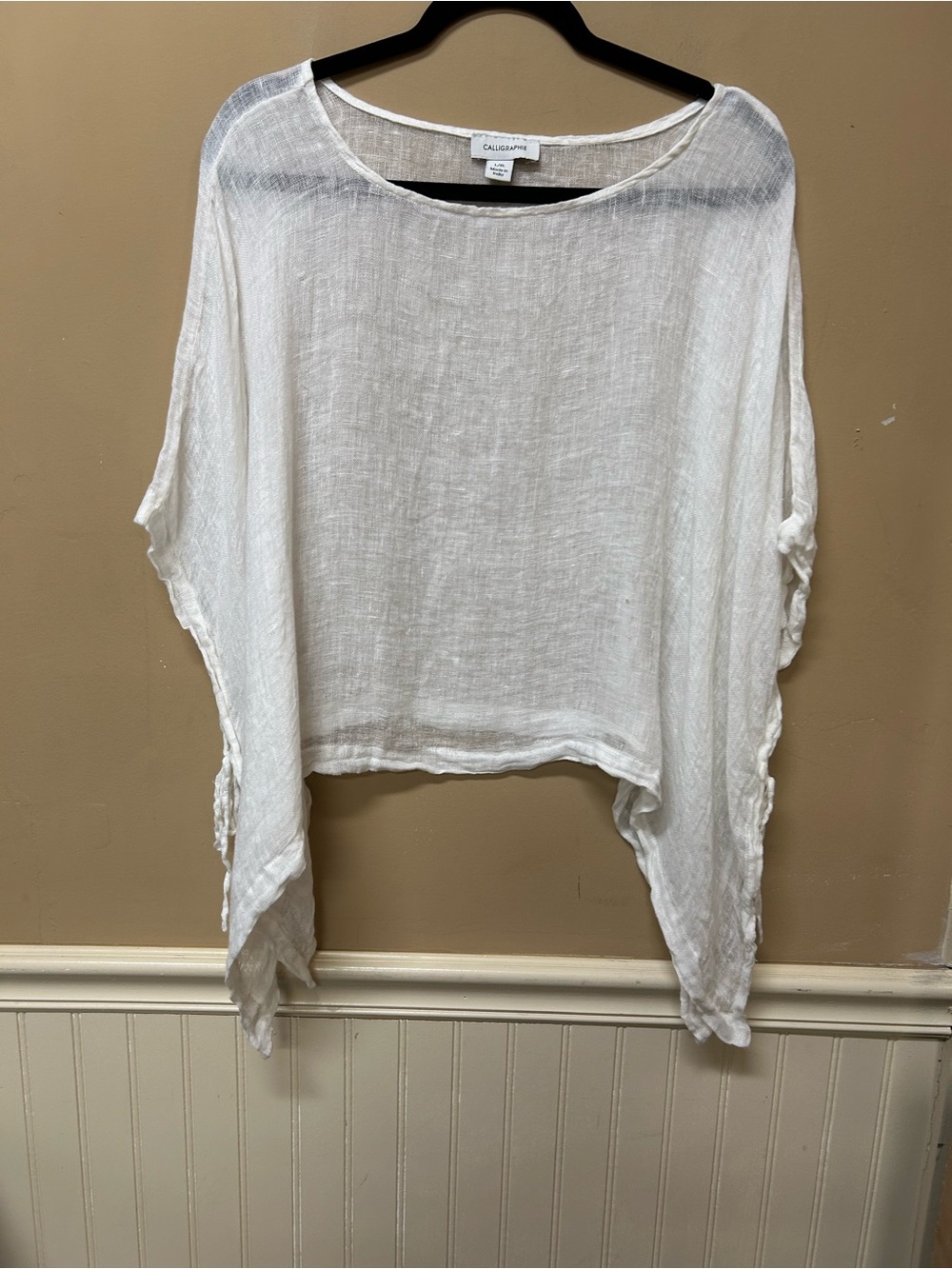 Calligraphie Top Poncho Tunic Shirt Sz L/XL LINEN White Boho Beach Coastal